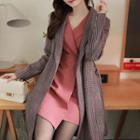 Open-front Plaid Coat With Sash Pink - One Size