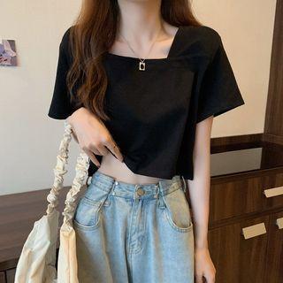 Short-sleeve Square Neck Plain Cropped Blouse