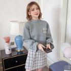 Set: Lantern-sleeve Pullover + Plaid Mini A-line Skirt