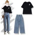 Elbow-sleeve Embroidered T-shirt / Wide-leg Cropped Jeans