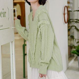 Fringed Trim V-neck Sweater / Midi Tiered Skirt / Shorts