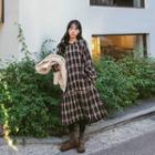 Collared Frill-hem Plaid Long Dress One Size