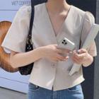 Short-sleeve Button-up Blouse Beige - One Size
