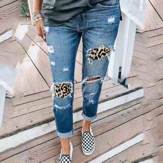 Distressed Leopard Print Panel Cropped Jeans