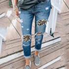 Distressed Leopard Print Panel Cropped Jeans