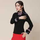 Embroidered High Neck Long-sleeve Top