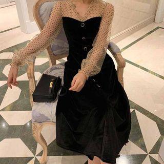 Mesh Panel Buttoned Long-sleeve A-line Midi Velvet Dress