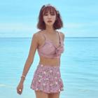 Set: Frilled Bikini Top + Floral Print Swim Skirt