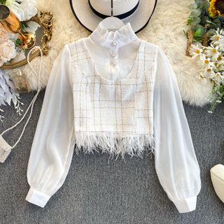 Mock Two-piece Fringed Tweed Blouse