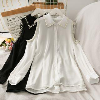Pearl-trim Off-shoulder Loose Chiffon Shirt