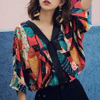 Printed Short-sleeve Top Black & Red & Green - One Size