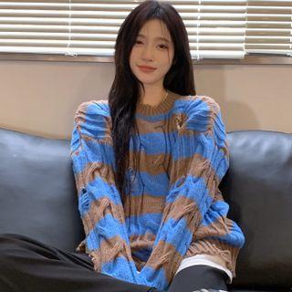 Striped Distressed Sweater Stripe - Coffee & Blue - One Size