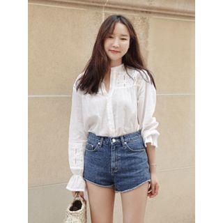 Bell-sleeve Eyelet-yoke Blouse
