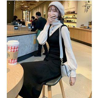Mock Two-piece Long-sleeve Turtleneck Midi A-line Knit Dress