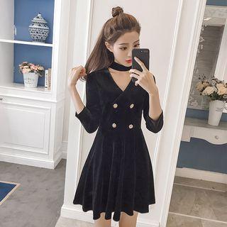 Double-breasted A-line Dress With Necklace