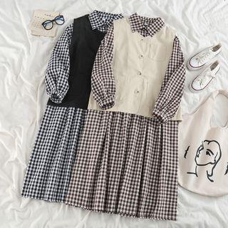 Plain Vest / Check Long-sleeve Shirtdress