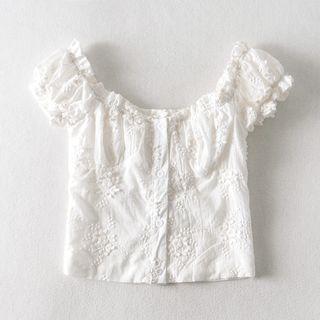 Embroidered Puff-sleeve Cropped Blouse