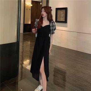 Plaid Panel Slit Midi A-line Dress