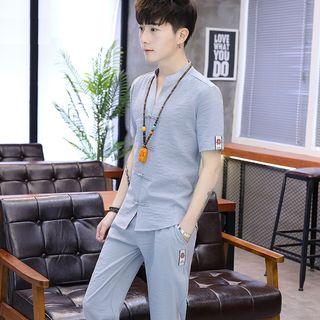 Set: Mandarin Collar Short-sleeve Knot Button Shirt + Drawstring Straight-fit Pants