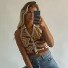 Wave Print Collar Knitted Crop Tank Top