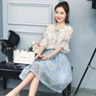 Set: Floral Print Elbow Sleeve Blouse + Flower Embroidered Flared Skirt