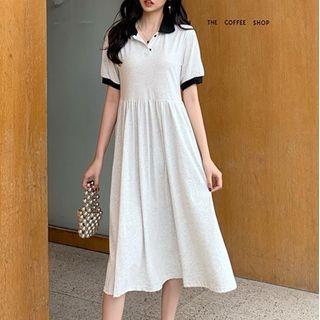Short-sleeve Midi A-line Polo Dress Light Gray - One Size