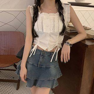 Ruffled Drawstring Sleeveless Blouse / A-line Layered Denim Skirt