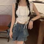 Ruffled Drawstring Sleeveless Blouse / A-line Layered Denim Skirt