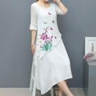Embroidered Frog-button Elbow-sleeve A-line Dress