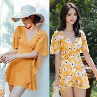 Short-sleeve V-neck Ruffled Swim Dress