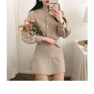 Set: Balloon-sleeve Rib-knit Cardigan + Ruffle-hem Miniskirt