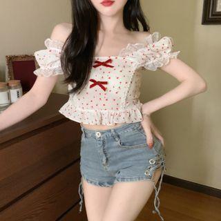 Lace Trim Floral Cropped Blouse Red Floral - White - One Size