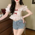 Lace Trim Floral Cropped Blouse Red Floral - White - One Size