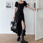 Puff-sleeve Square-neck Slit Ruffle Dress