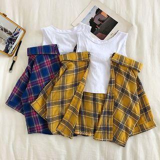 Mock Two-piece Crewneck Panel Color-block Plaid Top