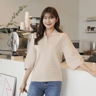Puff-sleeve Seam-trim Knit Polo Shirt