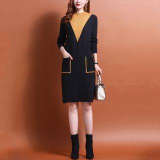 Mock-neck Two-tone Knit Sheath Dress