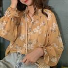 Lantern-sleeve Floral Blouse Yellow - One Size