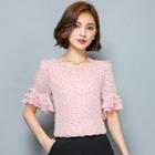 Short-sleeve Frilled Dotted Chiffon Top