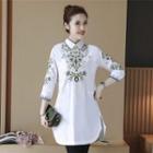 Flower Embroidered 3/4 Sleeve Long Shirt