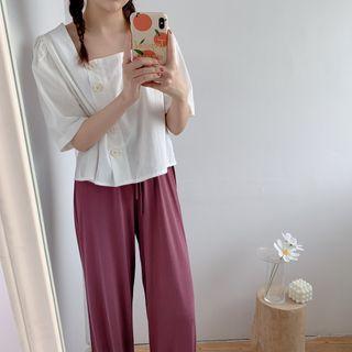 Plain Square-neck Button Short-sleeve Blouse