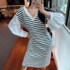 Puff-sleeve Lace Panel Striped Dress Stripe - One Size