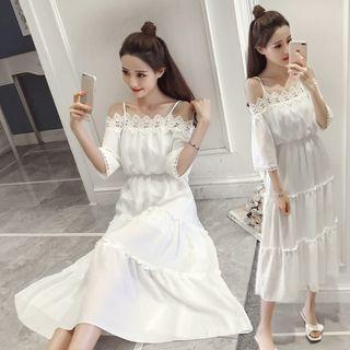 Crochet Trim Off Shoulder 3/4 Sleeve Midi Dress