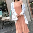 Sleeveless Knit Midi A-line Dress/ Patterned Button-up Cardigan/ Set