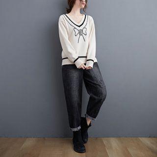 V-neck Bow-accent Sweater