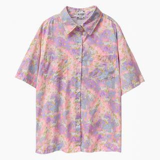 Unicorn Print Elbow-sleeve Shirt Pink - One Size