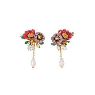 Elegant Fashion Plated Gold Flower Tassel Enamel Earrings With Imitation Pearls Golden - One Size