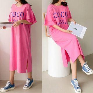 Ruffle-sleeve Letter Long T-shirt Dress