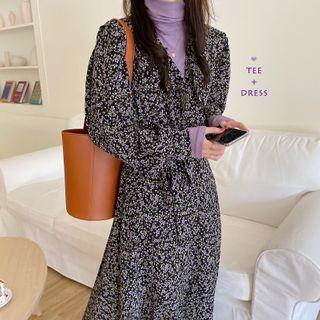 Long-sleeve Floral Print Midi A-line Dress / Mock-turtleneck Long-sleeve Top