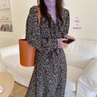 Long-sleeve Floral Print Midi A-line Dress / Mock-turtleneck Long-sleeve Top